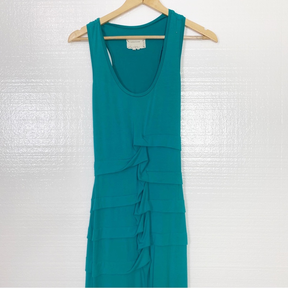 Artelier Nicole Miller Maxi Dress Turquoise Green Stretch tucked Maxi Size Small - Picture 3 of 10